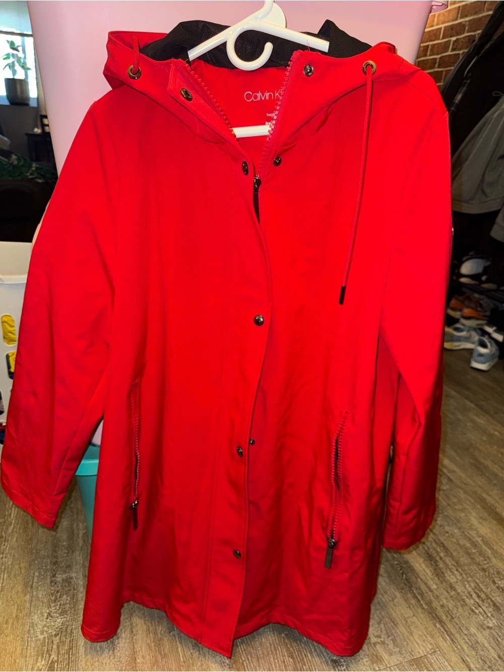 Calvin Klein Bright Red Women's Hooded Rain Coat